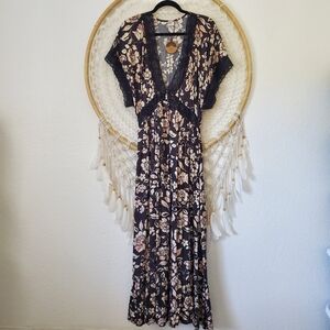 NWT Bila77 Witchy Lace Tiered Hem Floral Maxi Dress Black Size Large